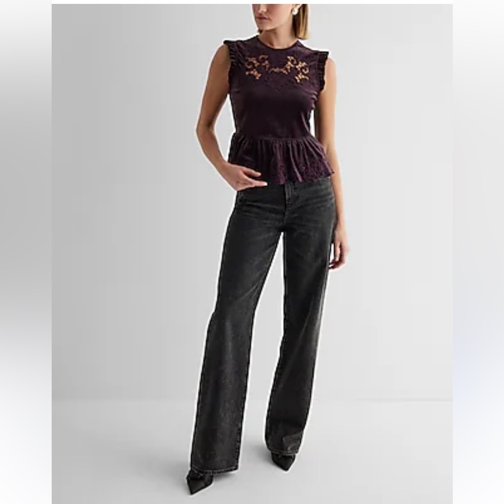 Express Velvet Crew Neck Lace Embroidered Peplum Top Size L Merlot